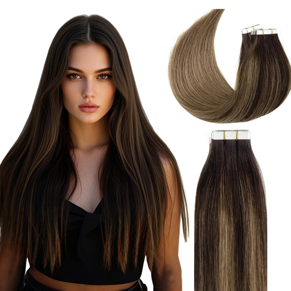 Lacer Tape in Hair Extensions Human Hair 18in Tape in Extensions Balayage Seamless PU Skin Weft Balayage Darkest Brown to Chestnut Brown Invisible Hair Extensions 20 Pcs 50G