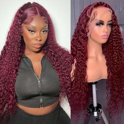 99j Burgundy 13x4 Deep Wave Lace Front Wigs Pre Plucked 180% Density Curly Human Hair Wigs for Black Women Wet and Wavy Wig with Baby Hair 22 Inch