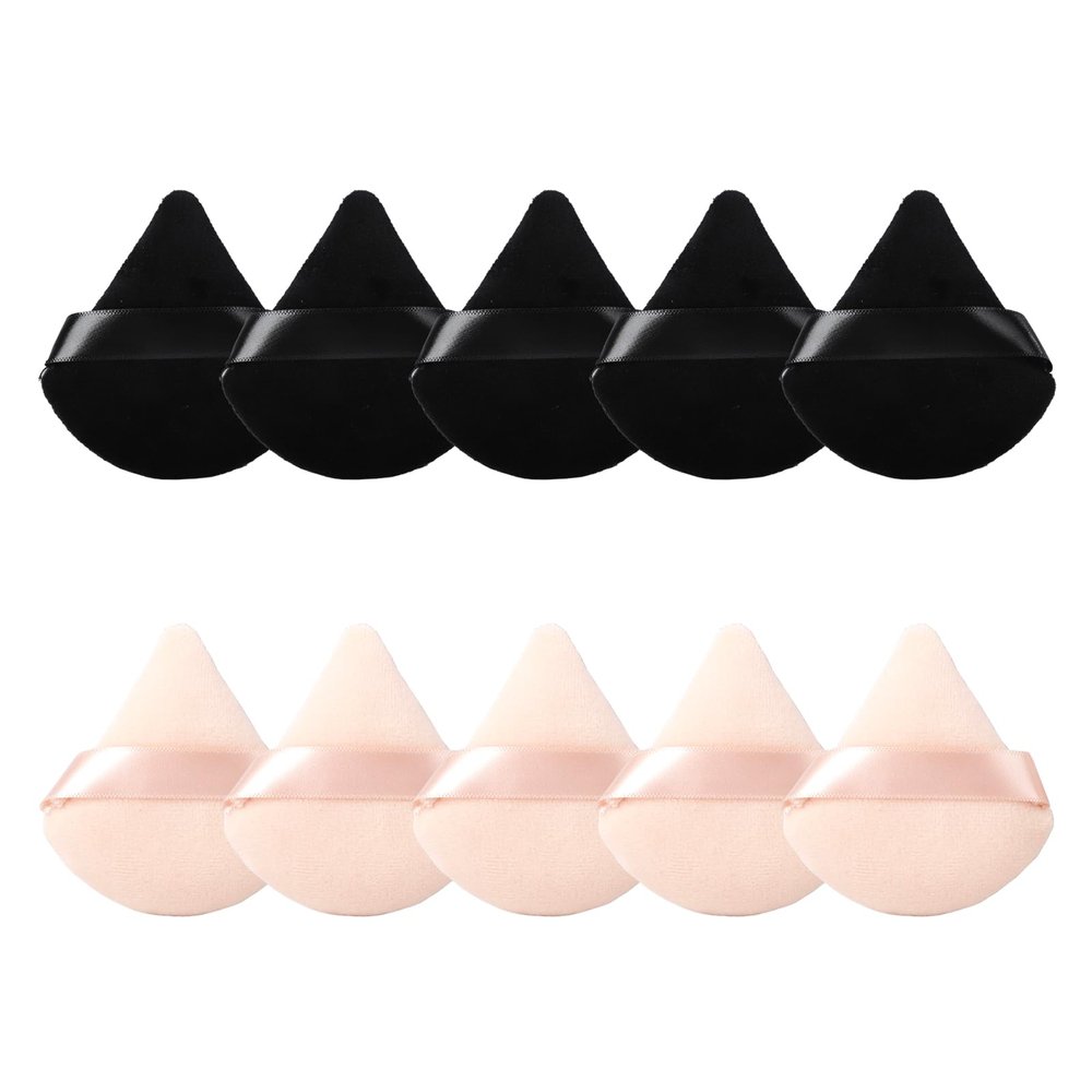 10Pcs Triangular Powder Puffs, Soft Velour Makeup Sponges for Loose Powder and Body Powder, Designed for Contouring, Eye, and Corner, Beauty Makeup Tools, (Black and Beige)