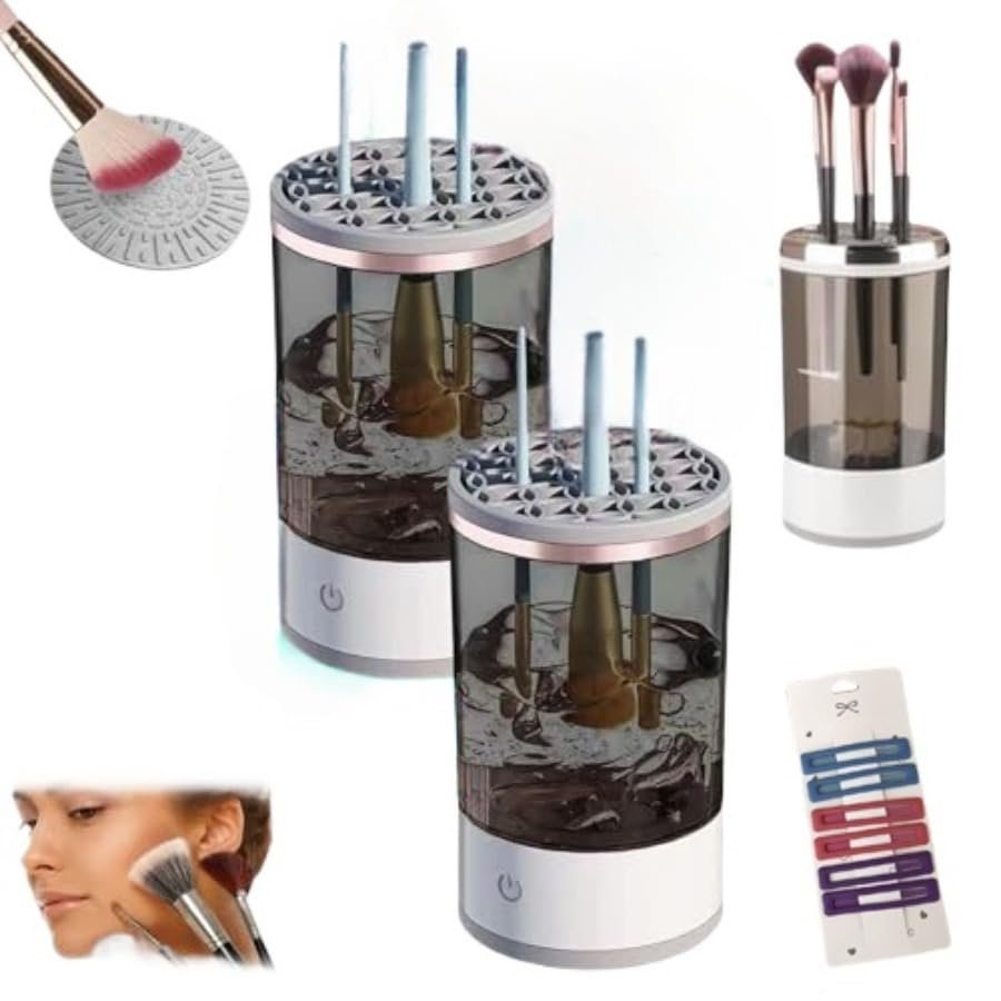 BeautySwirl Cosmetic Brush Cleaner, The Cozy Luna Brush Cleaner, Makeup Brush Cleaner Machine, Electric Makeup Brush Cleaner Machine For All Size (Black+white+6 hair clips)
