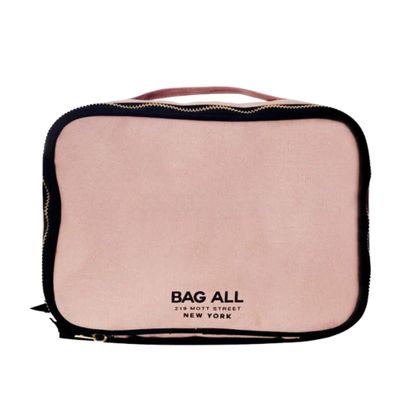 Bag-all Double Sided Travel Organizer | Multi-Use Storage Case for Makeup, Toiletries, Stationery & Crafts | Compact Cotton Bag with Dual Compartments & Elastic Straps | Pink/Blush