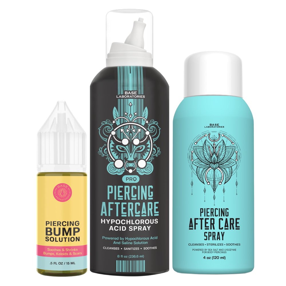 Piercing Aftercare Kit  Piercing Bump Oil, Sterilizing Saline Spray, and Hypochlorous Acid Spray | Cleanse, Treat, and Heal Piercing Bumps, Keloids, and Scars