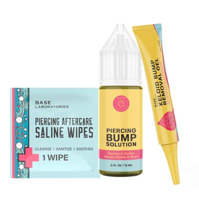 BASE LABORATORIES Piercing Aftercare Kit  Keloid Bump Removal Gel, Piercing Aftercare Wipes, and Piercing Bump Oil | Treat Piercing Bumps, Keloids, and Scars for Smooth Healing