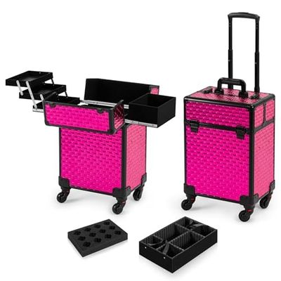 AROUS Rolling Makeup Train Case Cosmetic Travel Trolley 4 Tray with Sliding Rail Removable Middle Layer with Key Swivel Wheels Salon Barber Case Traveling Cart Trunk Rose, Red