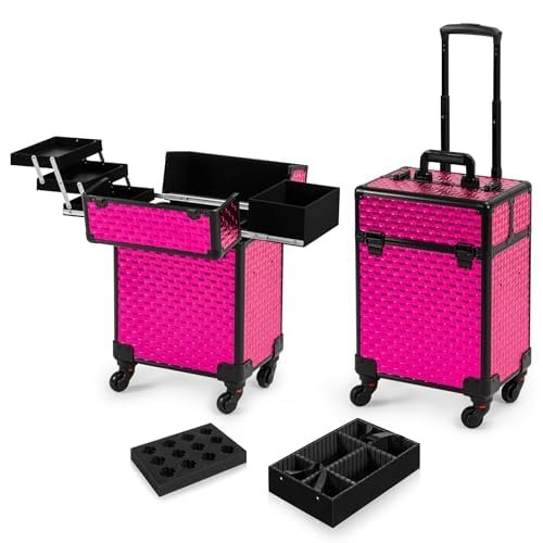 AROUS Rolling Makeup Train Case Cosmetic Travel Trolley 4 Tray with Sliding Rail Removable Middle Layer with Key Swivel Wheels Salon Barber Case Traveling Cart Trunk Rose, Red