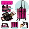 AROUS Rolling Makeup Train Case Cosmetic Travel Trolley 4 Tray with Sliding Rail Removable Middle Layer with Key Swivel Wheels Salon Barber Case Traveling Cart Trunk Rose, Red view 4