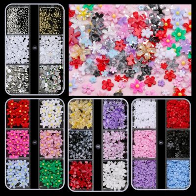 editTime 3D Colorful Flower Nail Art Charms, White Pink Acrylic Cherry Blossom Spring Petal Metal Gold Silver Round Caviar Beads Studs Pearl Rhinestones for Manicure Craft DIY (6-K2-daisy)