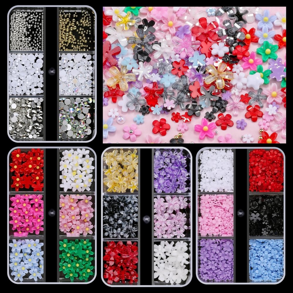 editTime 3D Colorful Flower Nail Art Charms, White Pink Acrylic Cherry Blossom Spring Petal Metal Gold Silver Round Caviar Beads Studs Pearl Rhinestones for Manicure Craft DIY (6-K2-daisy)