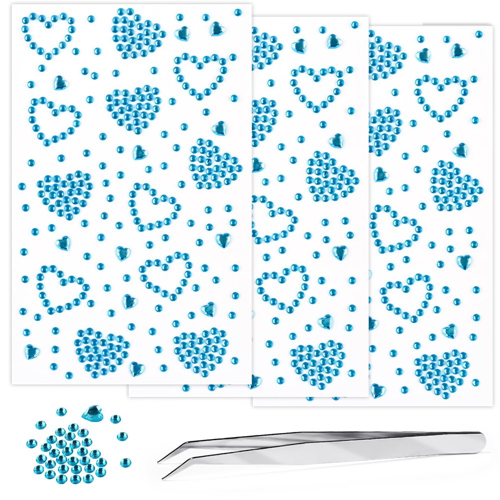 3 Sheets Rhinestone Stickers Self Adhesive Rhinestones Gems for Face Eyes Makeup Hair Body Stick on Rhinestones Stickers for Valentine Festival Decal Decor(Aqua Blue)