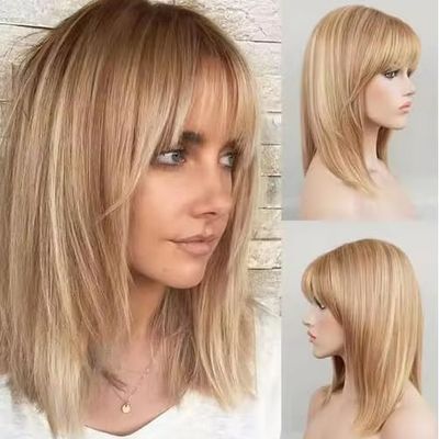 Blonde Human Hair Full Wig Cap 130 Density 12 in Medium Length Bob Cut Glueless Wig with Bang Blonde Highlights Wig for Women