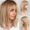 Blonde Human Hair Full Wig Cap 130 Density 12 in Medium Length Bob Cut Glueless Wig with Bang Blonde Highlights Wig for Women view 1