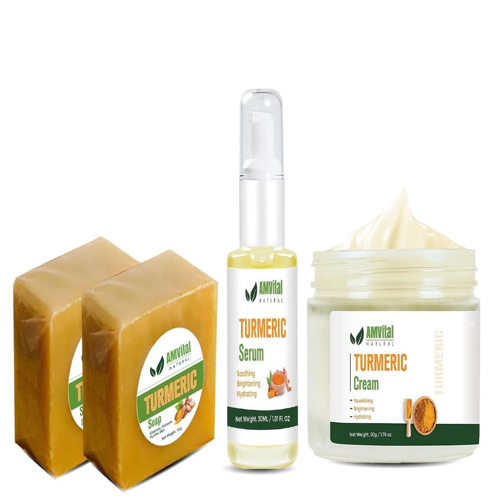 AMVital Turmeric Skincare Bundle: Soap (3-Pack), Cream, and Serum