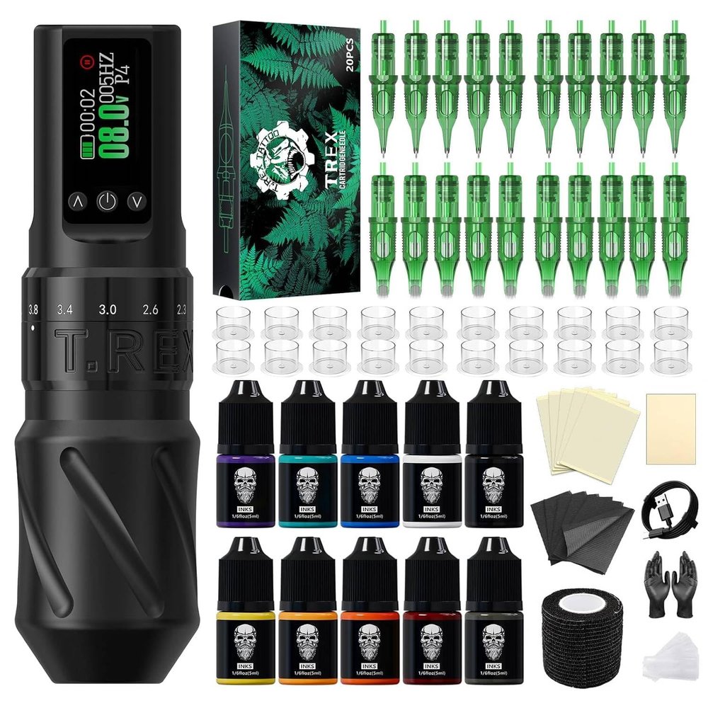 Tattoo Kit Wireless Tattoo Gun Kit for Beginners Complete Tattoo Machine Kit Rotary Tattoo Pen Machine 1600mAh Cordless 20pcs Cartridge Needles Tattoo Set Supply(Black)