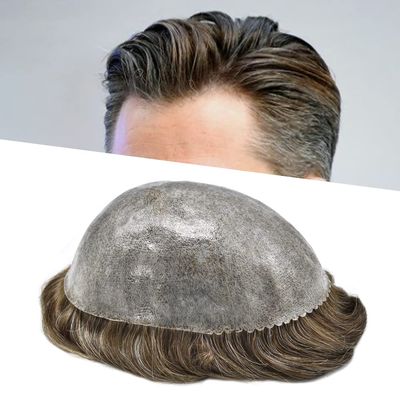 Toupee for Men's Hair Replacement System - Full Injected PU Durable Skin Wig - Soft Human Hair Piece - Grey 7"x10" #520 Light-Med Brown+20% Gray-120% Medium Light to Medium