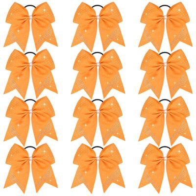 12PCS Glitter Cheer Bow Large Orange Cheer Bows Rhinestones Hair Bows Girls 7"Cheerleading Bows Bulk Elastic Band Ponytail Holder for Teen Girls College Sports Competition