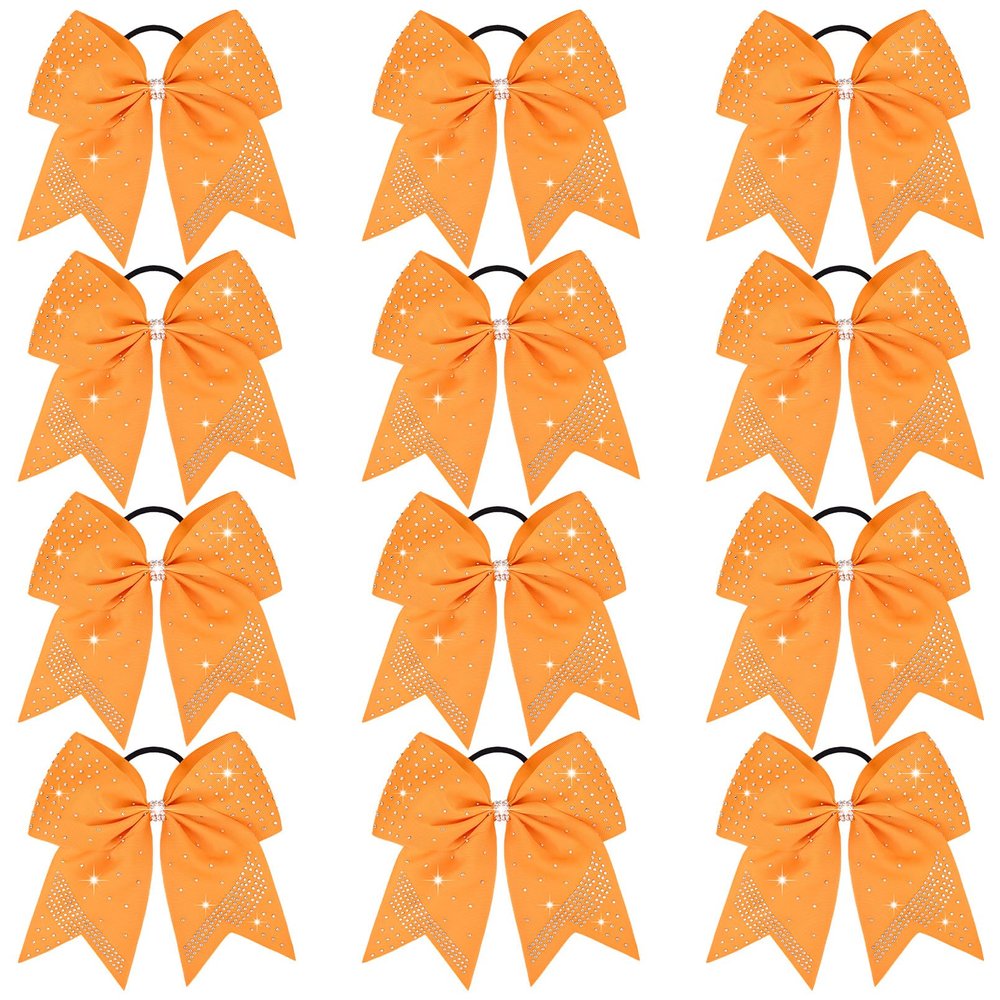 12PCS Glitter Cheer Bow Large Orange Cheer Bows Rhinestones Hair Bows Girls 7"Cheerleading Bows Bulk Elastic Band Ponytail Holder for Teen Girls College Sports Competition