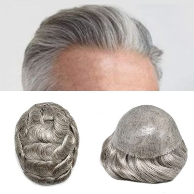 Toupee for Men's Hair Replacement System - Full Injected PU Durable Skin Wig - Soft Human Hair Piece - Grey 7x10 #460 Medium Brown+60%Gray-120%Medium Light to Medium Density