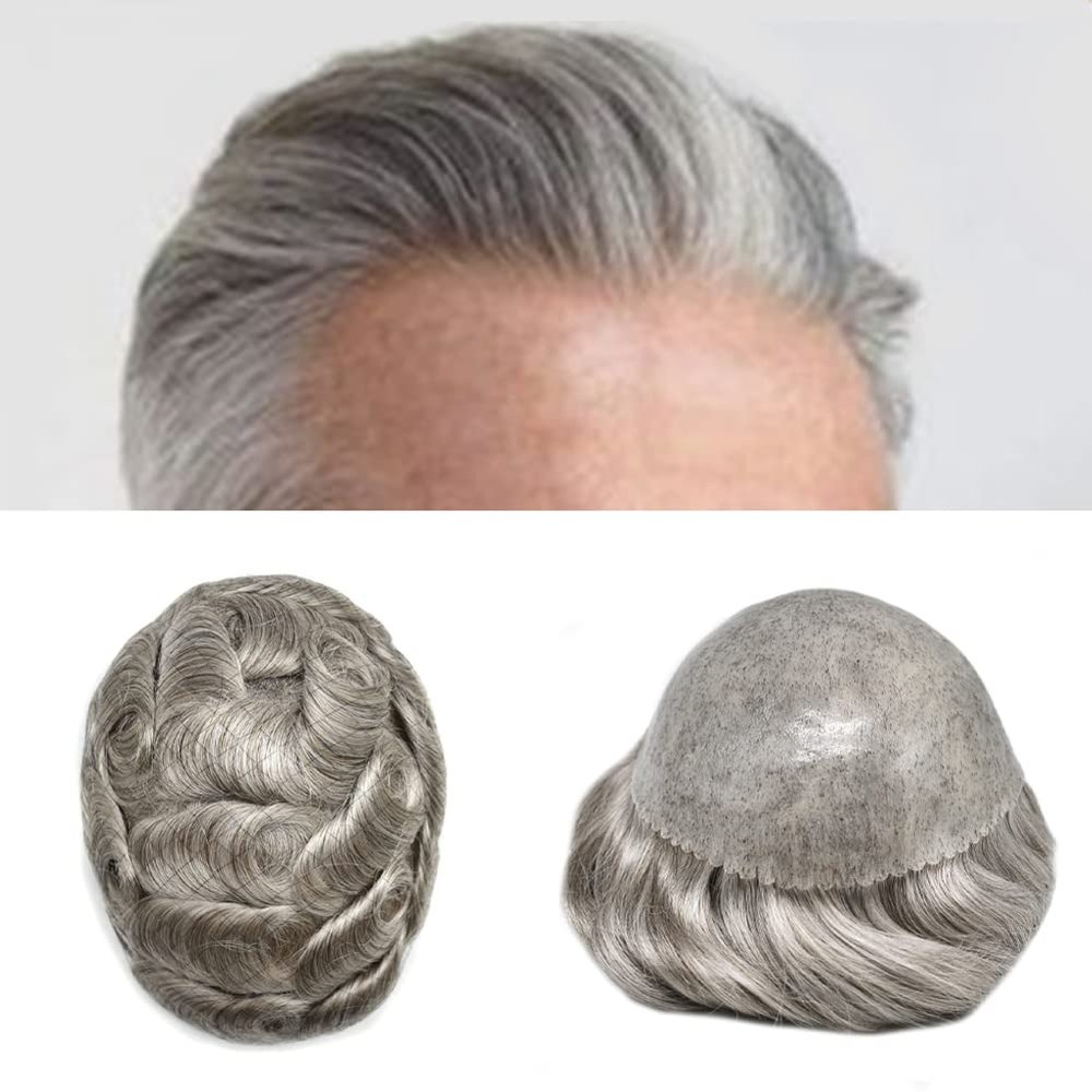 Toupee for Men's Hair Replacement System - Full Injected PU Durable Skin Wig - Soft Human Hair Piece - Grey 7x10 #460 Medium Brown+60%Gray-120%Medium Light to Medium Density