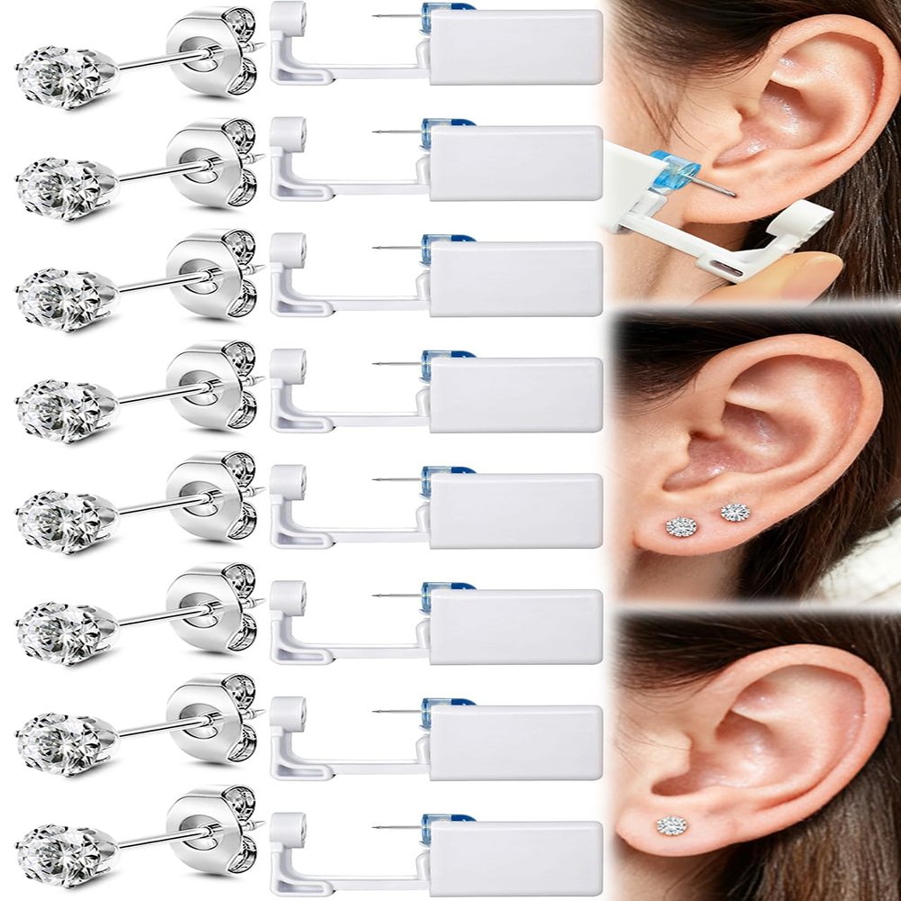 24 Pcs Ear Piercing Kit Disposable Ear Piercing Gun Kit with 8 Pcs Self Piercing Gun and 8 Pcs Earrings Stud 8 Pcs Cleaning Pads, 3mm
