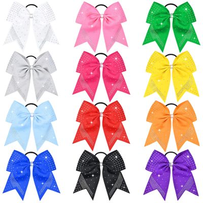 12PCS Glitter Cheer Bow Large Pink Cheer Bows Rhinestones Hair Bows Girls 7"Cheerleading Bows Bulk Elastic Band Ponytail Holder for Teen Girls College Sports Competition