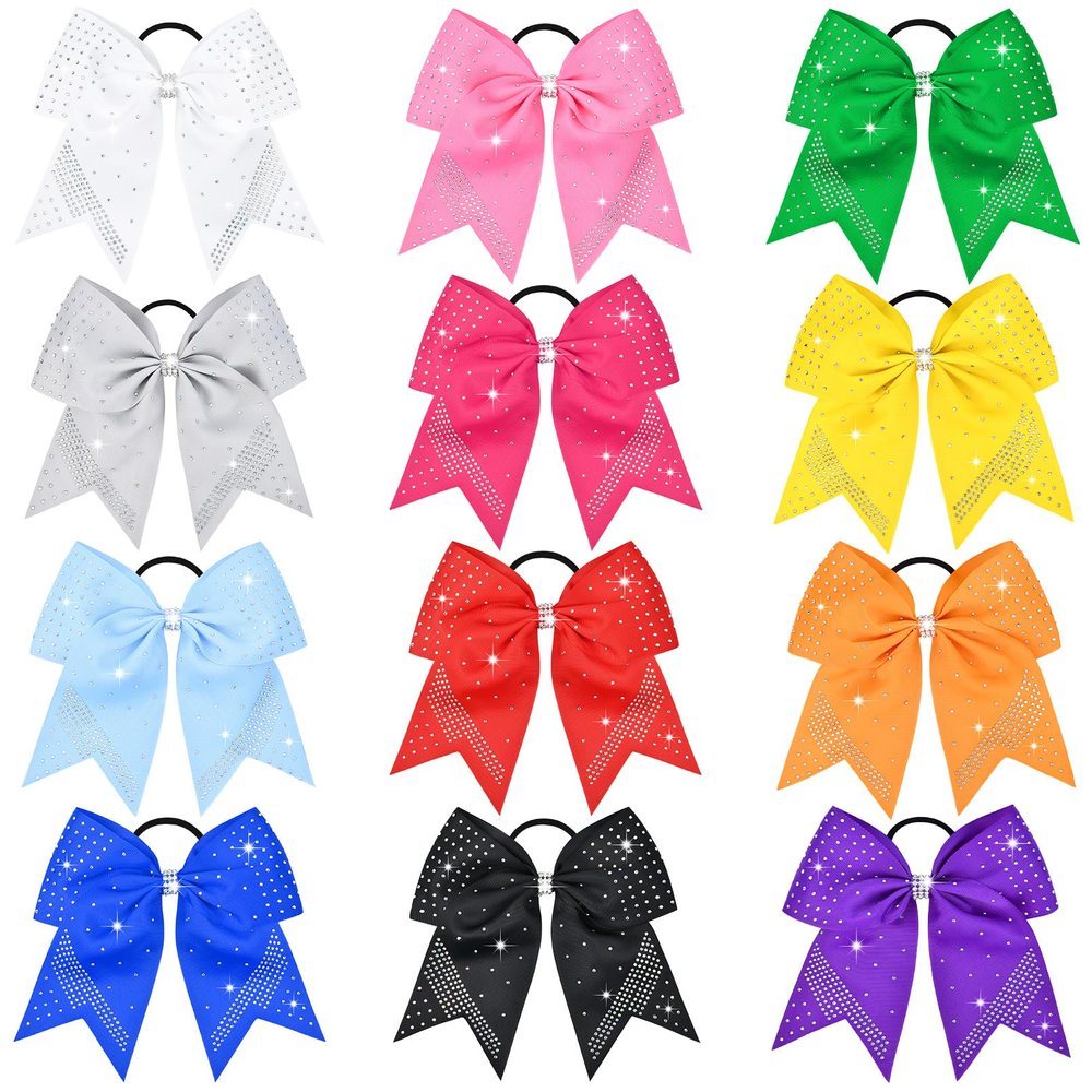 12PCS Glitter Cheer Bow Large Pink Cheer Bows Rhinestones Hair Bows Girls 7"Cheerleading Bows Bulk Elastic Band Ponytail Holder for Teen Girls College Sports Competition