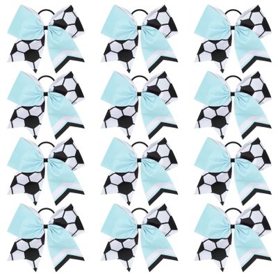 12PCS Soccer Bows 8" Soccer Cheer Bow Large Girls Hair Bows Cheerleading Bows Bulk Elastic Band Ponytail Holder for Teen College Football Competition-White Blue