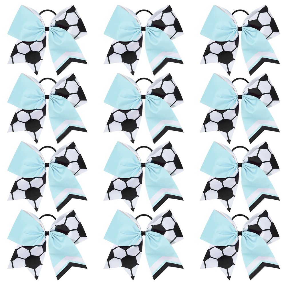 12PCS Soccer Bows 8" Soccer Cheer Bow Large Girls Hair Bows Cheerleading Bows Bulk Elastic Band Ponytail Holder for Teen College Football Competition-White Blue
