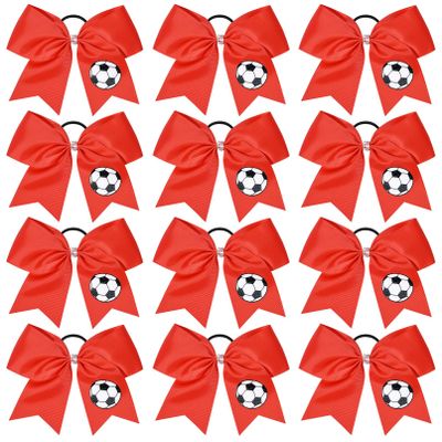12PCS Soccer Bows 8" Soccer Cheer Bow Large Girls Hair Bows Cheerleading Bows Bulk Elastic Band Ponytail Holder for Teen College Football Competition-Red