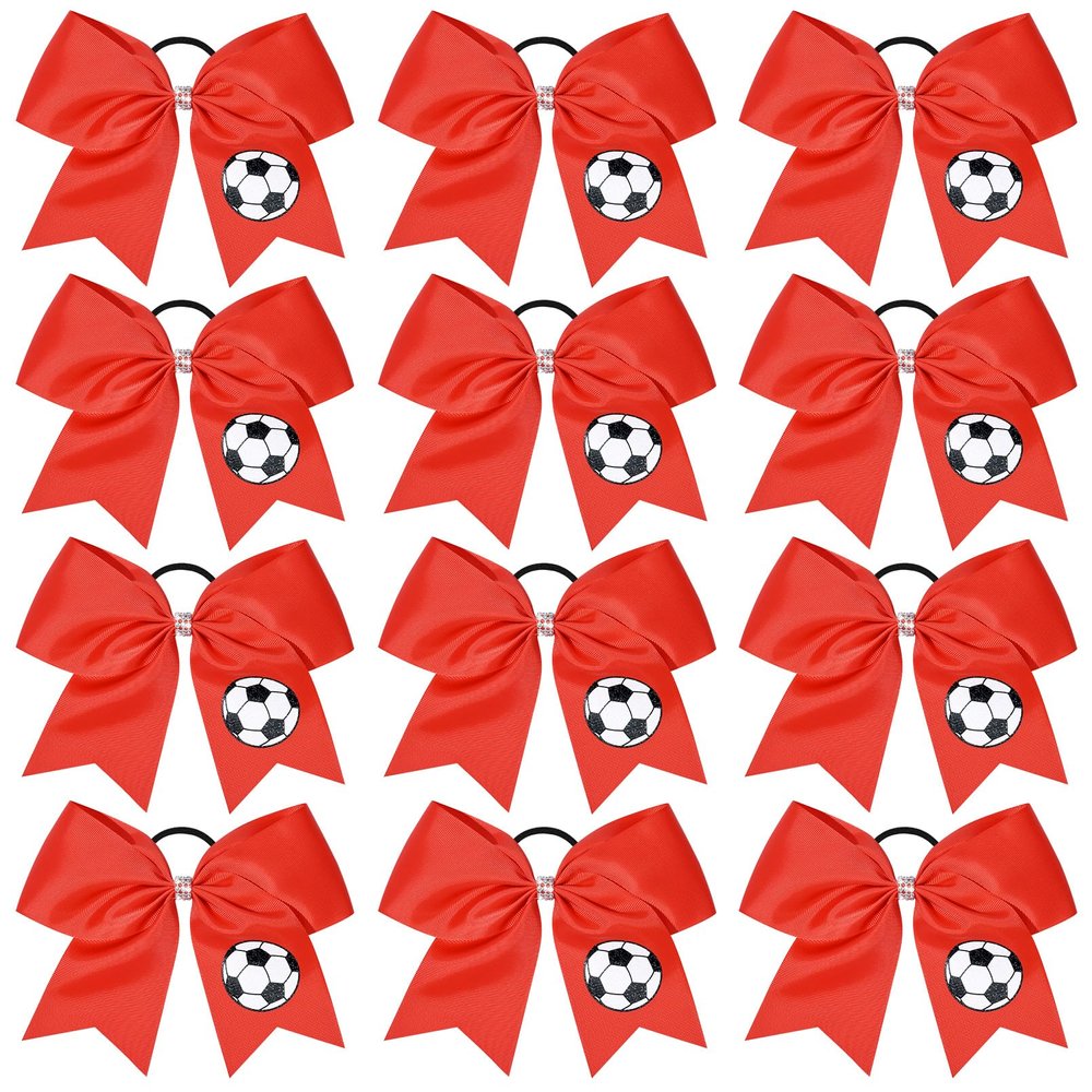 12PCS Soccer Bows 8" Soccer Cheer Bow Large Girls Hair Bows Cheerleading Bows Bulk Elastic Band Ponytail Holder for Teen College Football Competition-Red