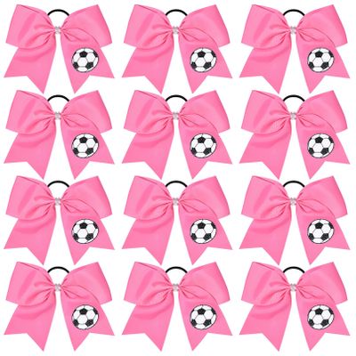 12PCS Soccer Bows 8" Soccer Cheer Bow Large Girls Hair Bows Cheerleading Bows Bulk Elastic Band Ponytail Holder for Teen College Football Competition-Pink