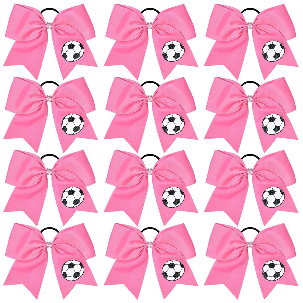 12PCS Soccer Bows 8" Soccer Cheer Bow Large Girls Hair Bows Cheerleading Bows Bulk Elastic Band Ponytail Holder for Teen College Football Competition-Pink
