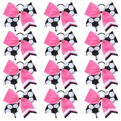 12PCS Soccer Bows 8" Soccer Cheer Bow Large Girls Hair Bows Cheerleading Bows Bulk Elastic Band Ponytail Holder for Teen College Football Competition-White Pink