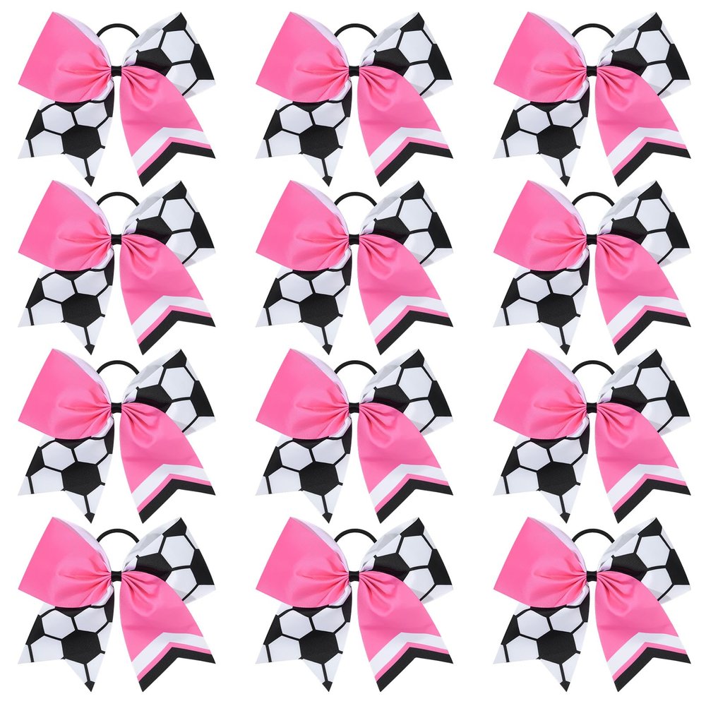 12PCS Soccer Bows 8" Soccer Cheer Bow Large Girls Hair Bows Cheerleading Bows Bulk Elastic Band Ponytail Holder for Teen College Football Competition-White Pink