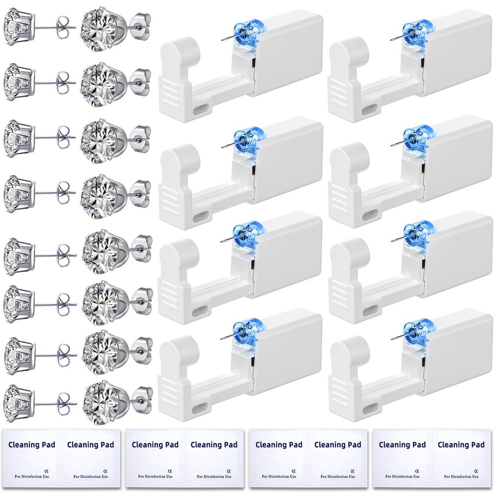 24 Pcs Ear Piercing Kit Disposable Ear Piercing Gun Kit with 8 Pcs Self Piercing Gun and 8 Pcs Earrings Stud 8 Pcs Cleaning Pads, 4mm
