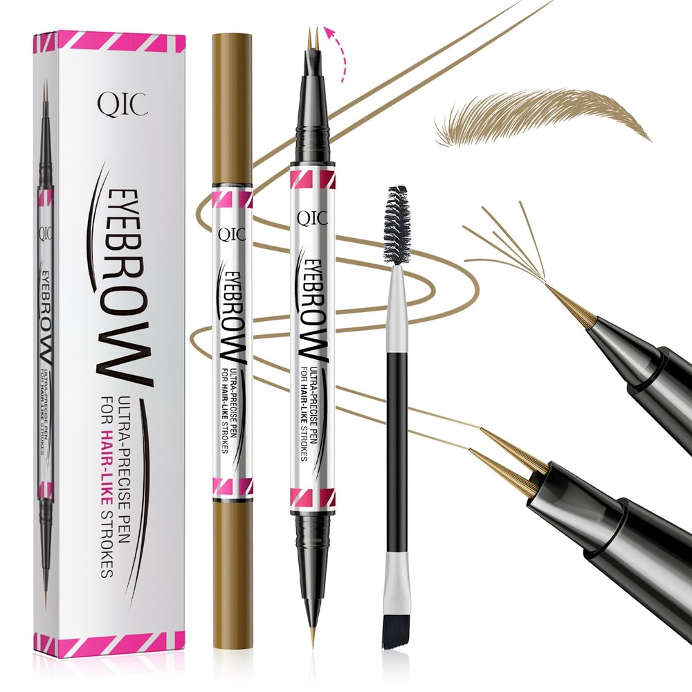 2 Pack Eyebrow Pen, Brow Pencil 2-in-1 Dual-Ended Microblading Eyebrow Pencil with 2-Fork-Tip and Precise Brush-Tip, Waterproof Long Lasting Eyebrow Pen for Natural Hair-Like Brows(Light Brown*2)