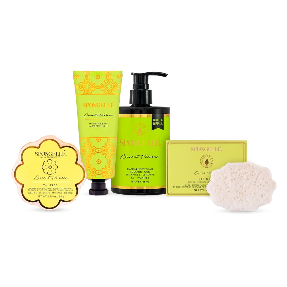SPONGELL Coconut Verbena Pedi Buffer, Hand Cream, Body Wash and Spongette Bundle