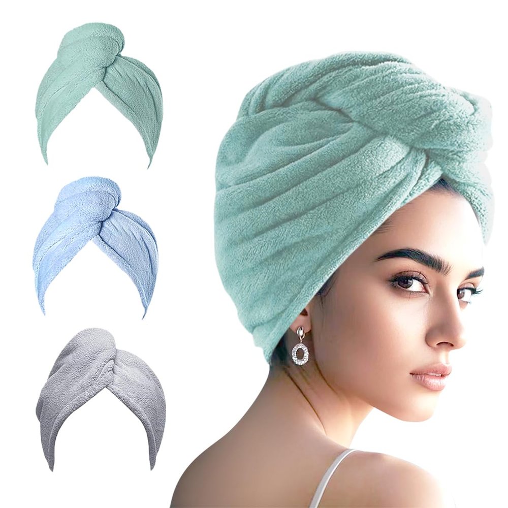 AGKXHDEC 3 Packs Single Layer Microfiber Hair Turbans - Drying Wrap for Women (Light Blue,Light Green,Gray)
