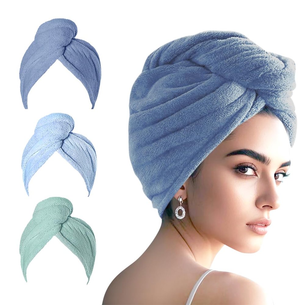 AGKXHDEC 3 Packs Single Layer Microfiber Hair Turbans - Drying Wrap for Women (Dark Blue,Light Blue,Light Green)