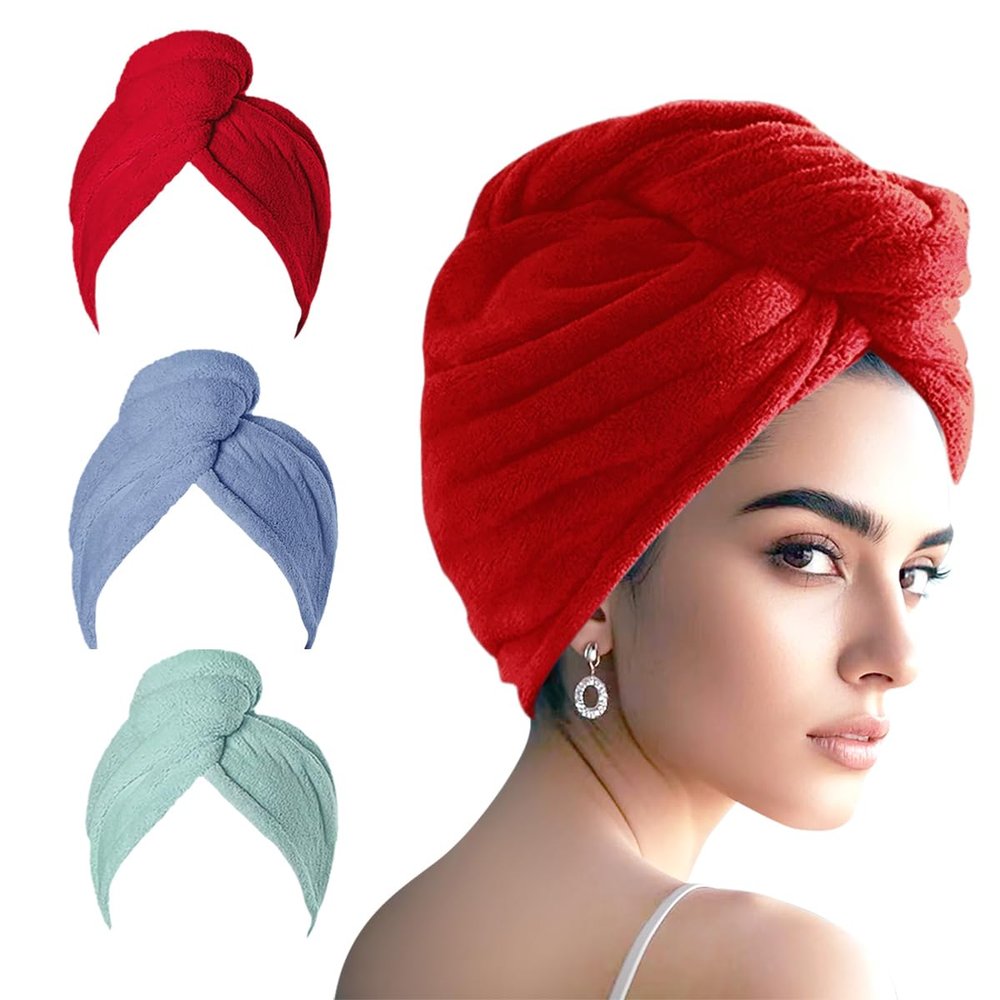 AGKXHDEC 3 Packs Single Layer Microfiber Hair Turbans - Drying Wrap for Women (Light Green,Red,Dark Blue)