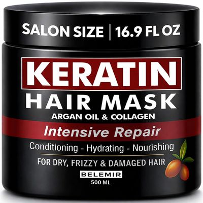 BELEMIR Keratin Hair Mask Deep Conditioning for Damaged Hair Collagen & Argan Oil Treatment Hydrating & Repairing Sulfate & Paraben Free 500 ml / 16.9 fl oz