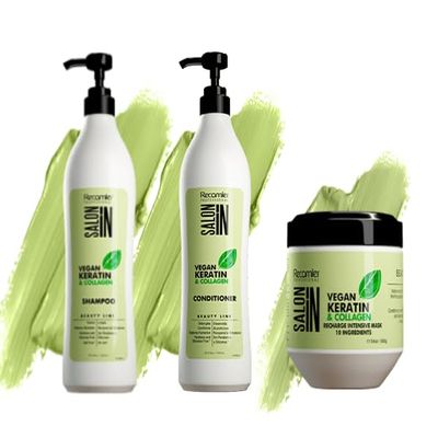 RECAMIER PROFESSIONAL SALON IN Vegan Keratin & Collagen Line 3-PIECE HAIR KIT with Shampoo 33.8 fl.oz. + Conditioner 33.8 fl.oz.+ Recharge Intensive Mask 17.6oz.