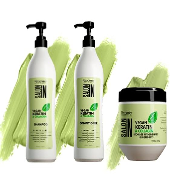 RECAMIER PROFESSIONAL SALON IN Vegan Keratin & Collagen Line 3-PIECE HAIR KIT with Shampoo 33.8 fl.oz. + Conditioner 33.8 fl.oz.+ Recharge Intensive Mask 17.6oz.