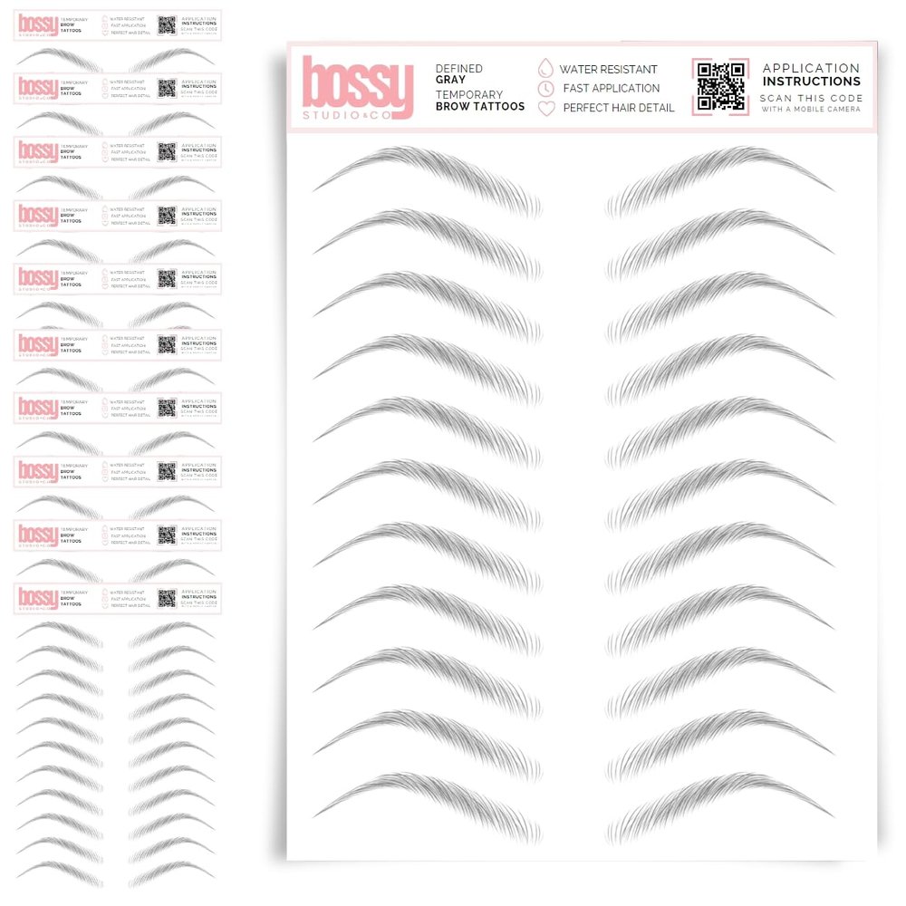 10 Pack Temporary Eyebrow Tattoos Waterproof Eyebrow Stickers, False Tattoos Hair Like Peel Off Instant Transfer Brows For Women And Men | Natural Strokes, Shaping (defined, gray)