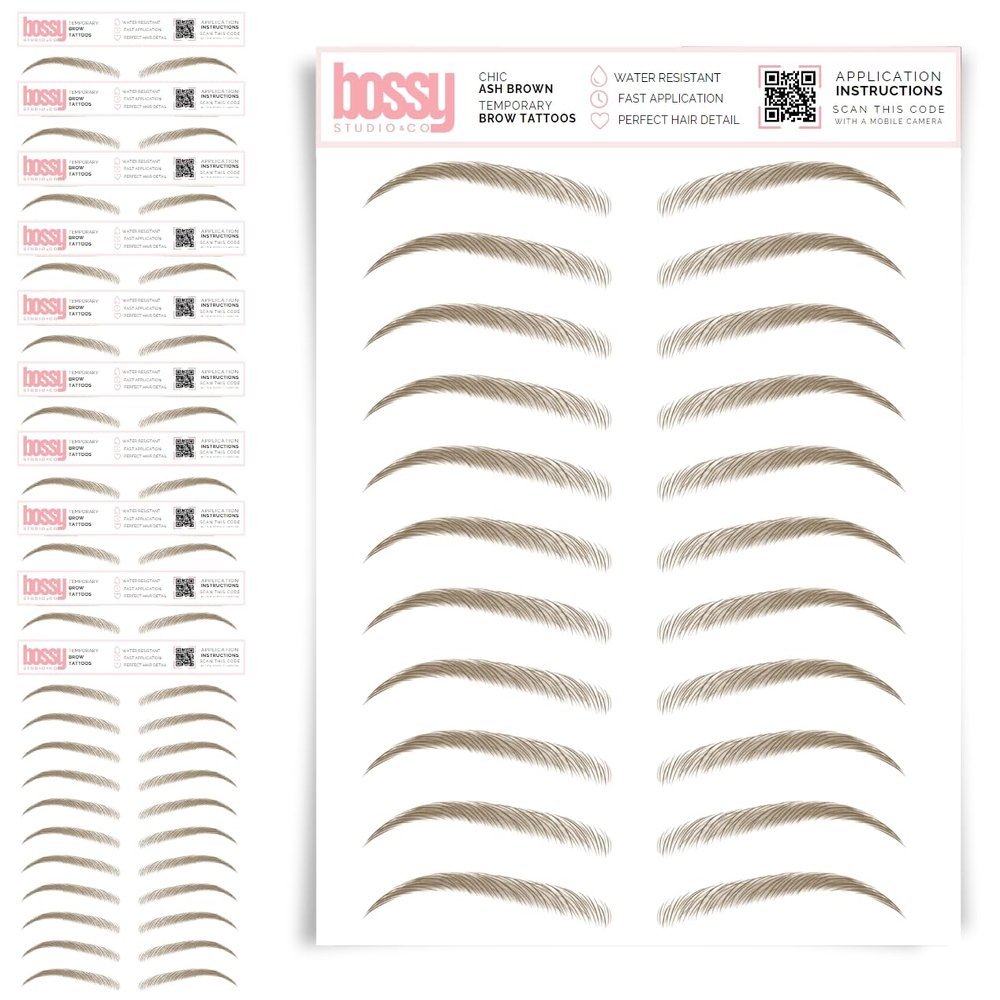 10 Pack Temporary Eyebrow Tattoos Waterproof Eyebrow Stickers, False Tattoos Hair Like Peel Off Instant Transfer Brows For Women And Men | Natural Strokes, Shaping (chic, ash brown)