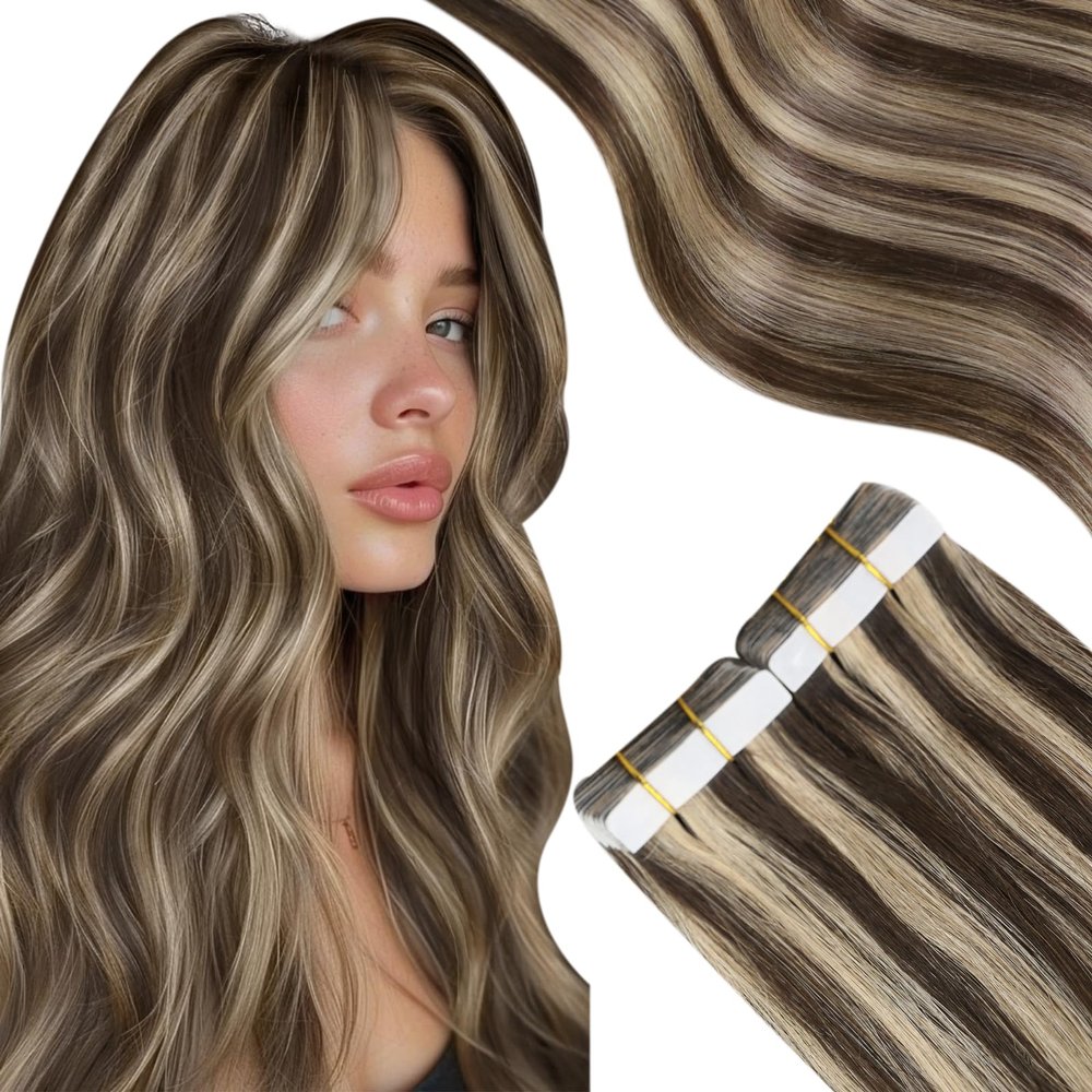 150G Hair Extensions Bundle-Dark Brown with Caramel Blonde 16 Inch 50G Tape in Hair Extensions and 100G Human Hair Weft Color #P4/27 Fashion Hair