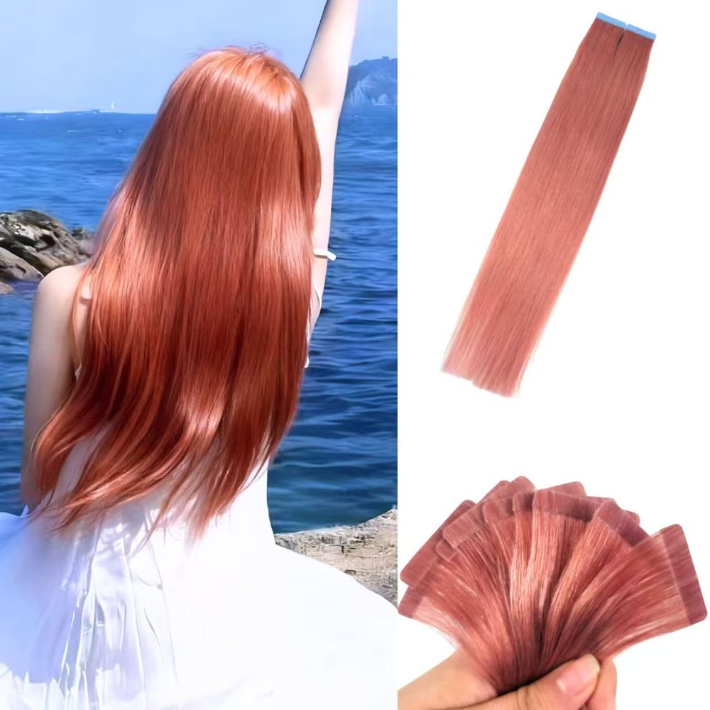 Rose Gold Pink Tape in Hair Extensions Human Hair Invisible Hair Extensions Tape in 24 inch Long Diy Remy Human Hair Extensions for Women