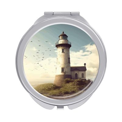 YJWANDO Portable Travel Makeup Mirror with Cover, Old Lighthouse Print Compact Design,Durable Silver Mirror,Lightweight & Convenient for Travel
