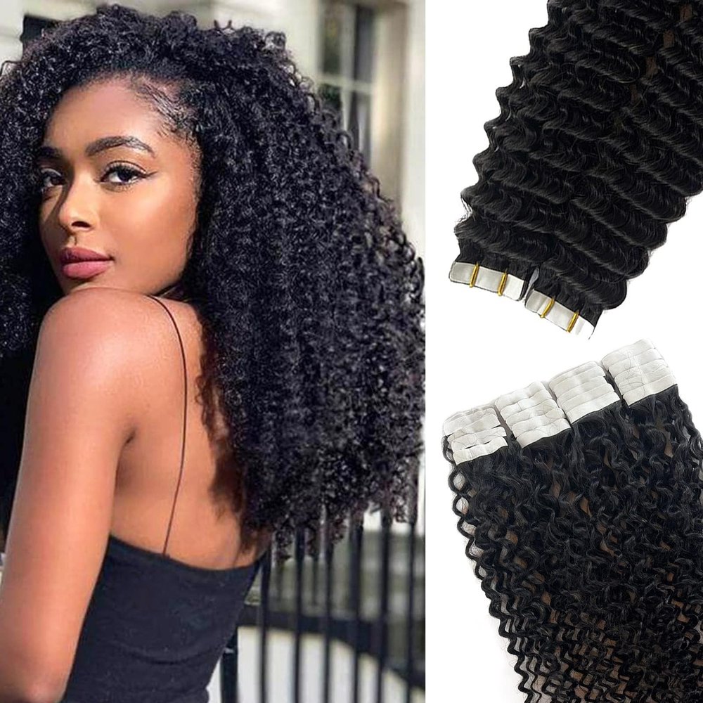 Curly Tape ins 20 pcs Kinky Curly Tape in Hair Extensions Human Hair Natrual Black for Women 24 Inch 50G