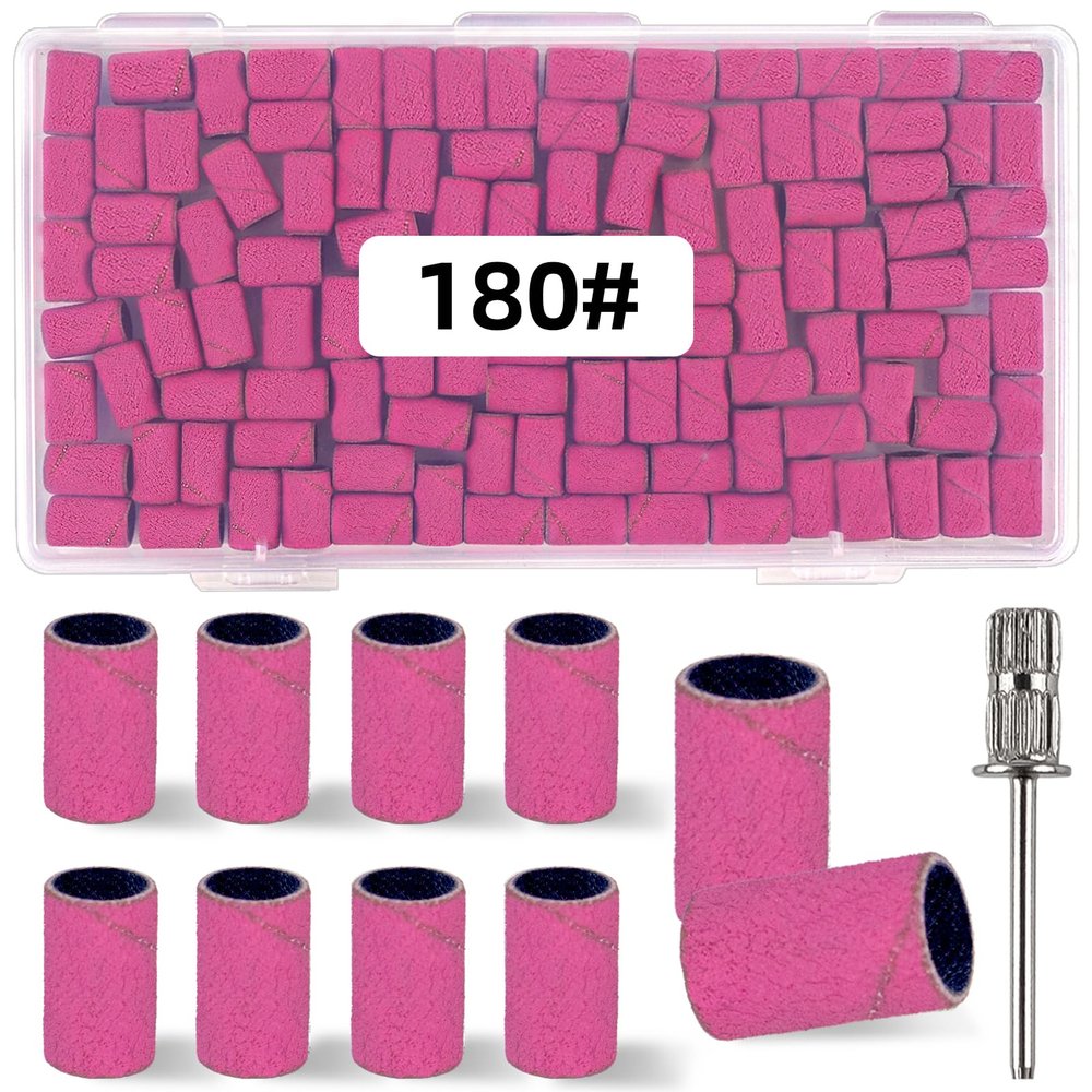 100 Pcs (180 Grit Pink)Sanding Bands Nail Drill Bit with 0.31in diameter,Nail Drill Bits Extreme Fine Grit Sanding Band,Sanding Belt Upgrade Mandrel Bits,Professional Nail Drill Bit for Acrylic Nails