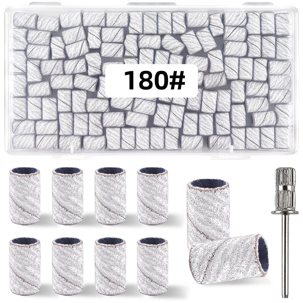100 Pcs (180 Grit White)Sanding Bands Nail Drill Bit with 0.31in diameter,Nail Drill Bits Extreme Fine Grit Sanding Band,Sanding Belt Upgrade Mandrel Bits,Professional Nail Drill Bit for Acrylic Nails